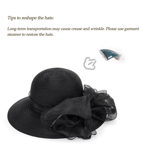 Women Kentucky Organza Derby Hat - Wide Brim Summer Sun Hat for Bridal Wedding Church Tea Party - color: Black
