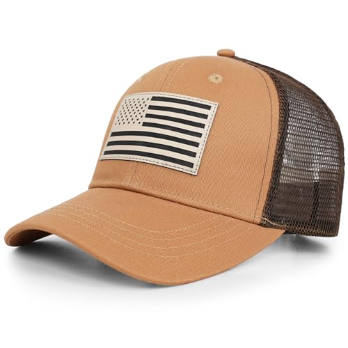 American Flag Trucker Hat - Snapback Hats for Men Women Baseball Cap - Breathable Mesh & Adjustable Fit for Casual Wear - color: Camel