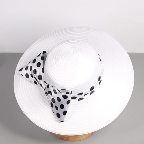 Women Wide Brim Rose Black Patchwork Kentucky Hat for Wedding Party Hat Big Bowknot Polka Dots Fedora Hats - color: White