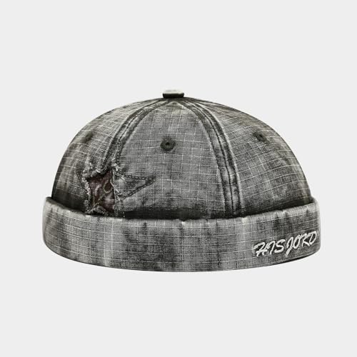 Unisex Washed Denim Distressed Rolled Cuff Brimless Docker Cap - color: Star-army Green