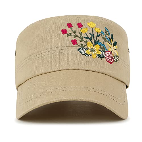 ililily Rhinestone Cotton Cadet Cap Vintage Distressed Cotton Military Army Hat - color: Beige-embroidery