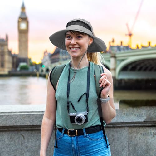 Bucket Sun Hat for Women Wide Brim Breathable Mesh UPF50+ Safari Hat Criss Cross Ponytail Hole Outdoor Rain Hat - color: Grey