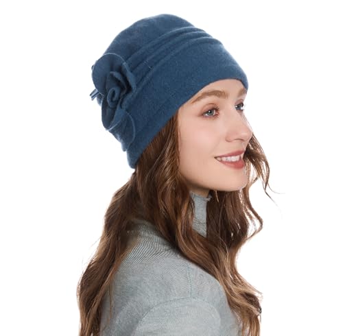 ZLYC Women Wool Cloche Bucket Hat 1920s Vintage Winter Hat with Flower - color: Flower Peacock Blue