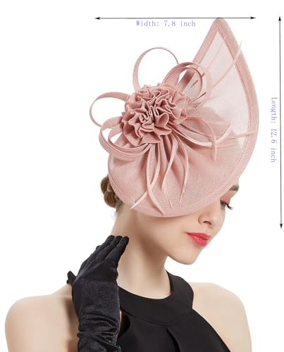 ORIDOOR Women Fascinators Derby Church Tea Party Wedding Flower Feathers Headpiece with Headband Clips - color: 21c Pink