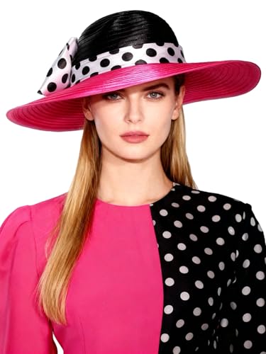 Women Wide Brim Rose Black Patchwork Kentucky Hat for Wedding Party Hat Big Bowknot Polka Dots Fedora Hats - color: Rose