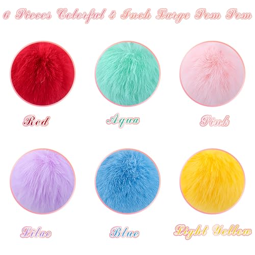 BQTQ 6 Pcs 4 Inch Large Faux Rabbit Fur Pom Pom with Elastic Loop (Rainbow) - color: Rainbow