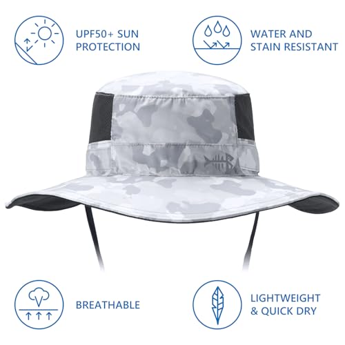 BASSDASH UPF 50+ Fishing Sun Hat Water Resistant Unisex Wide Brim Bucket Boonie Hat for Hiking Camping Safari FH15 - color: Light Grey Camo, size: Large