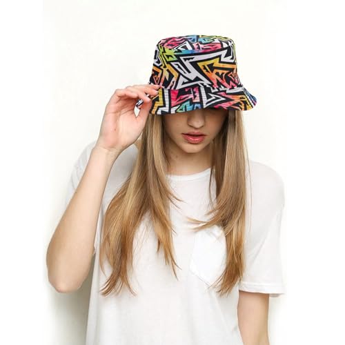 Bucket Hat for Women Men, Cotton Reversible Double Side Wear Sun Hats Beach Fisherman Hat - color: Graffiti Letters