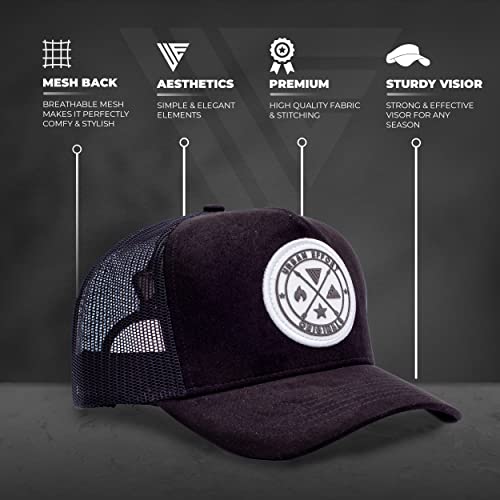 Urban Effort Trucker Hat for Men & Women, Mesh Back Baseball Cap, 5 Panel - color: Black + White Patch, style: Mesh Back