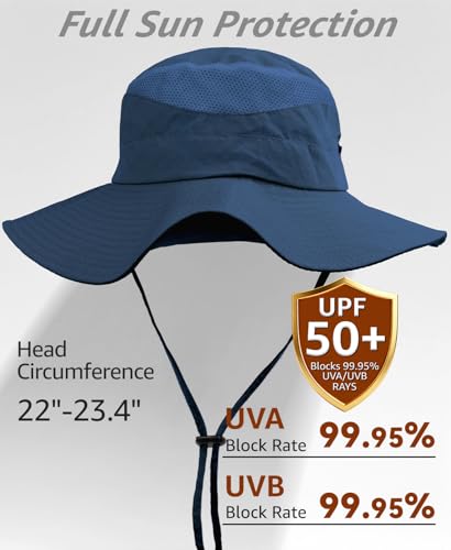 Wide Brim Sun Hat for Men Women, UPF 50+ Waterproof Packable Bucket Boonie Safari Fishing Hat - color: Navy