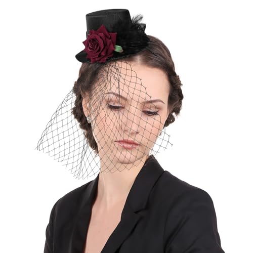 Beaupretty Fascinators Hats, Vintage Red Rose Mesh Hat Hair Clip Cocktail Tea Party Headwear with Veil for Women Black