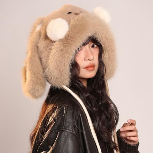 Cute Bunny Ears Hat Furry Beanie Trapper Hat for Women Faux Fur Fuzzy Winter Hat Warm Animal Ear Flaps Cap Snow Hats - color: Khaki