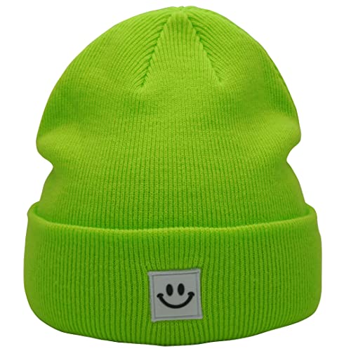 MaxNova Knit Beanie Hat with Smile Face for Men/Women - color: Lime Green Smile