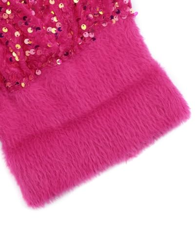 Women Sparkly Sequins Knitted Beanie Hat Warm Winter Skull Cap with Faux Fur Pom Pom - color: X Hot Pink With Knit Cuffs