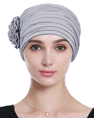 Alnorm Flower Design Chemo Hair Loss Caps Cancer Headwear for Women - color: Light Gray