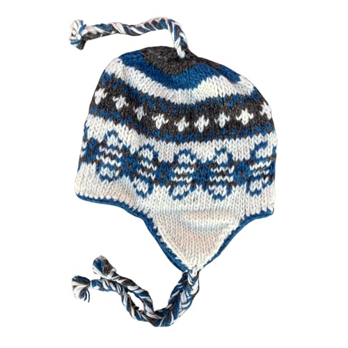Wool Hand Knit Unisex Fleece Lined Ear Flap Beanie Sherpa Cap Hat Nepal - color: Blue/Gray