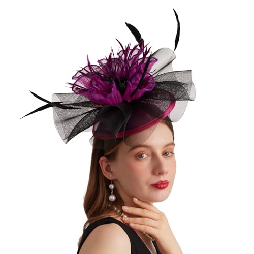 Women Organza Church Derby Hat Wide Brim Sun Caps for Wedding Tea Party Hat with Detachable hat Flower as Headgear - color: 11-rose Red