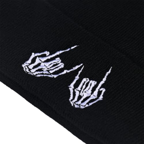 Embroidered Skeleton Beanie Hat Winter Stretch Knit Skull Cap for Men Women - color: Finger(ind)/Black