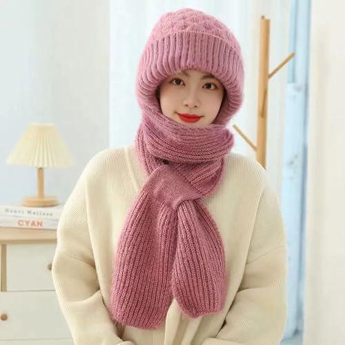 Women Winter Warm Elastic Soft Ear Protection Knitted Scarf Hat Fleece Lined Beanie Hat - color: Pink