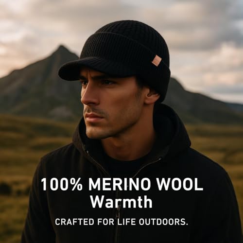 TOP-EX 100% Australian Merino Wool Brim Beanie, Polartec™ Fleece Lined - color: Black, size: X-Large-XX-Large