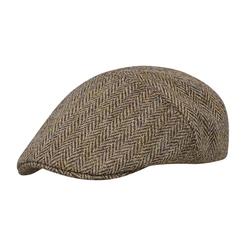 Sterkowski Ivy Five | Harris Tweed Flat Cap for Men and Women | Classic Elegant Warm 5 Panels Ivy - color: Yellow/Dark Herringbone, size: 6 3/4