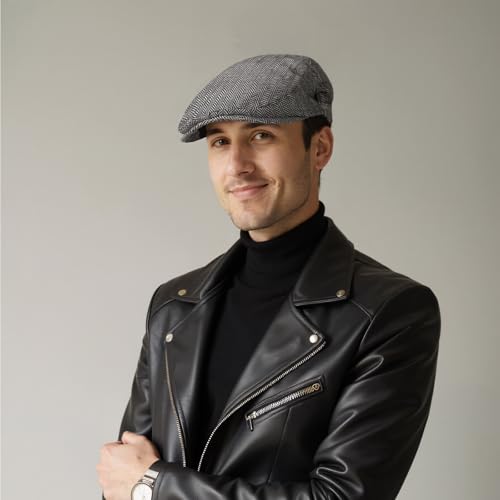 Senker Fashion 2 Pack Newsboy Cap for Men, Wool Blend Tweed Flat Cap - color: Dark Gray Black