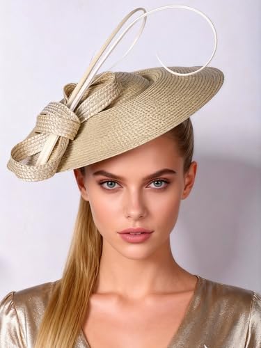 Vintage Fascinators Pillbox Hat for Women Straw Fedora Wide Brim Ladies Church Sinamay Derby Hats - color: Champagne