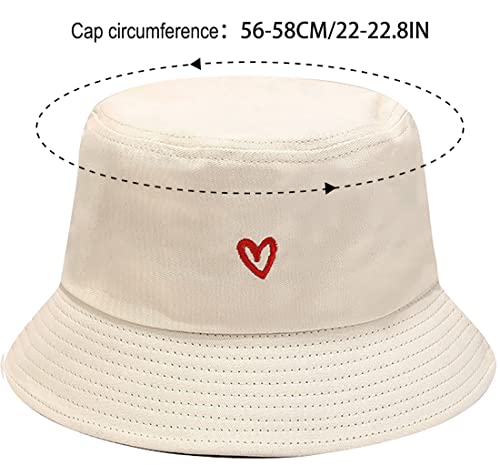 XYIYI Fashion Embroidery Bucket Hat Cotton Beach Fisherman Hats for Women Girls - color: Heart Beige
