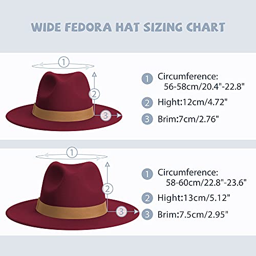 Womens & Mens Fedora Hats, Wide Brim Fedora Hats for Women Men - color: R-wine/Camel-camel, size: Small-Medium