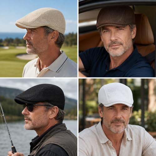 Mens Mesh Summer Hat Adjustable Flat Cap Newsboy Beret Cap - color: Coffee