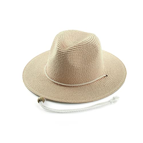 Women Straw Fedora Hat Summer Panama Beach Sun Hats UV UPF50+ Cap - color: Beige