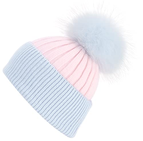 Women's Winter Ribbed Cuffed Beanie Skull Cap with Genuine Raccoon Fur Pom - color: Pink Blue