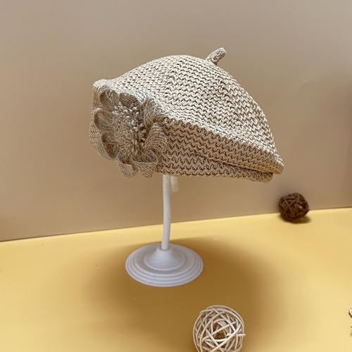 Women Summer French Beret Lady Slouchy Crochet Beret Hats 3D Flower Artist Painters Woven Beach Beanie Cap - color: Khaki