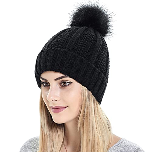 Muryobao Womens Satin Lined Beanie Hat with Faux Fur Pom Cuffed Winter Warm Knit Skull Cap - color: Black