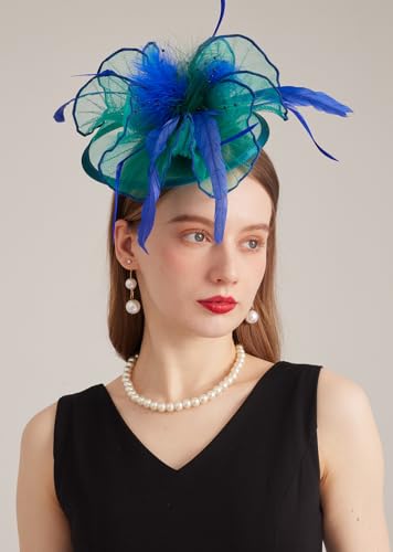 Women Derby Church Hat Organza Flower Wedding Tea Party Fascinator Wide Brim Sun Hat - color: 16-green Blue