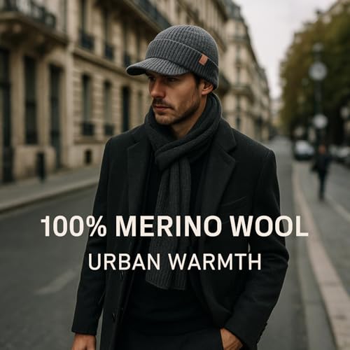 TOP-EX 100% Australian Merino Wool Brim Beanie, Polartec™ Fleece Lined - color: Gray, size: Medium-Large