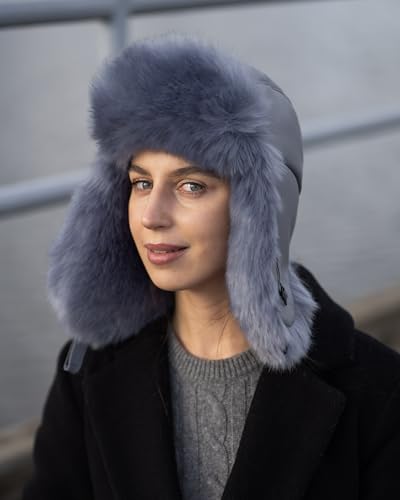 Futrzane Trapper Hat for Women, Warm Aviator - color: Steel Blue - Steel Blue, size: Medium