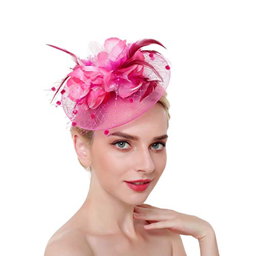 ACTLATI Fascinators Hat for Women Tea Party Headpiece Wedding Cocktail Flower Mesh Feathers Hair Clip 20s Flapper Fascinators - color: A10-rose Red