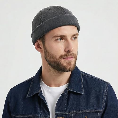 Initlove Docker Hat for Men Vintage Brimless Sailor Hat Beanie Cap - color: Black + Black