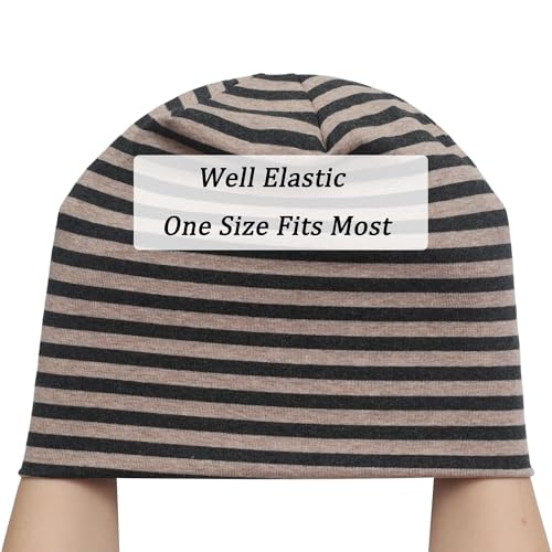 ZLYC Cotton Thin Slouchy Beanie Hat for Men Women Stretch Skull Cap - color: Striped Dark Gray Khaki, size: One Size