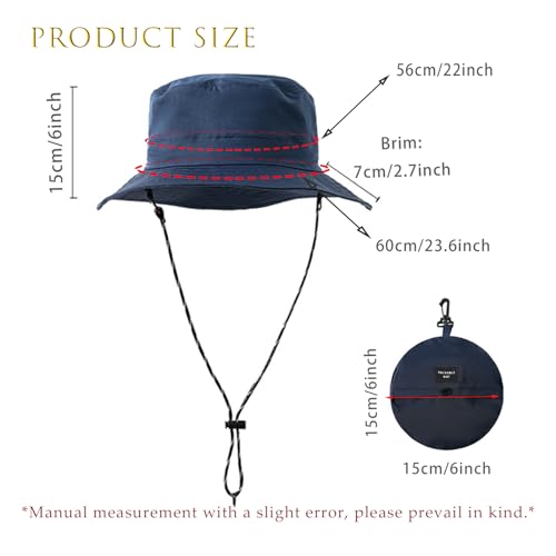 Waterproof Bucket Rain Hat with Chin Strap, Packable Sun Hat for Men Women Summer Lightweight Hiking Fishing Cap - color: Navy Blue