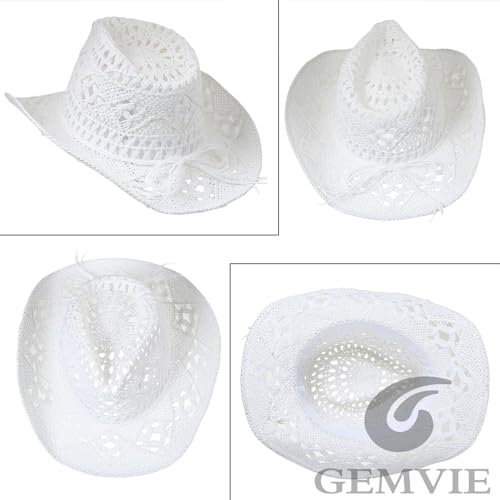 GEMVIE Men & Women's Summer Cowboy Cowgirl Straw Hat Hollow Out Style Roll Up Brim Cowboy Sun Hat - color: White