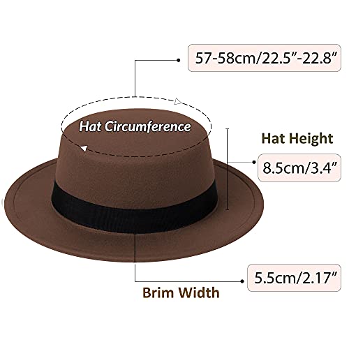 Classic Fedora Hat Flat Top Hat Felt Pork Pie Hat Wide Brim Church Derby Cap for Women and Men - color: Coffee
