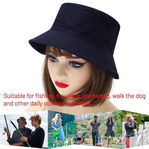 Cotton Bucket Hat for Women Men Summer Travel Sun Beach Bucket Cap, Unisex Outdoor Fisherman Hat - color: Navy Blue