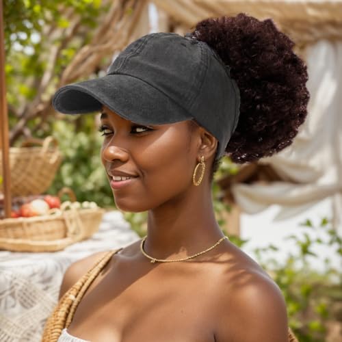 2 Pack Backless Cap for Women Natural Curly Hair Hat Baseball Cap Afro Puff Ponytail Hat - color: Black+blue
