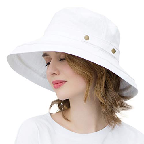 Womens Cotton Wide Brim Sun Hats UPF50+ UV Packable Beach Hat Summer Bucket Cap for Travel - color: Button Decoration-white