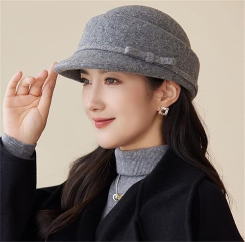 Women Vintage Fedora Bowler Hats Elegant Felt Cloche Hat Visor Warm Bowknot Newsboy Cap Fall Winter - color: B-grey
