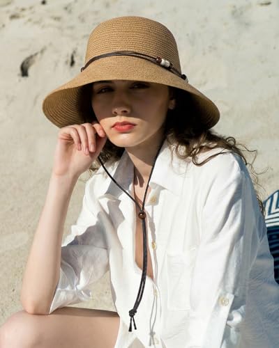 Womens Straw Beach Sun Hat, UV Protection UPF 50+, Lightweight Straw Bucket Hat, Summer Travel - color: Khaki, size: Medium