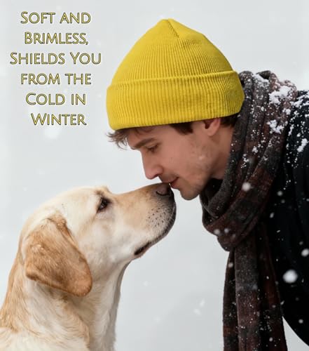 Beanie for Men and Women Beanie Hat Soft Winter Beanies Skull Caps Flanged Brimless Hat, Soft Plain Knit Hats - color: Yellow