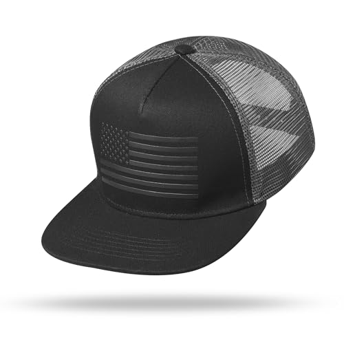 UALON Baseball Cap, Snapback Trucker Hat for Men & Women with American Flag and Adjustable, Breathable Mesh, Flat Bill Hats - color: Black/Dark Gray